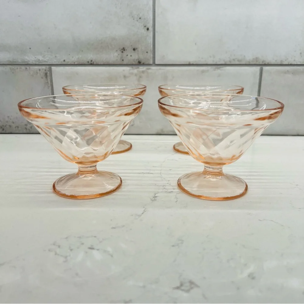 HAZEL ATLAS Vintage Diamond Optic Pink Champagne / Tall Sherbet Glasses Set of 4